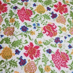 Vintage Floral Vinyl Quilted Tablecloth Oblong 86" X 52" Green Red Blue Yellow